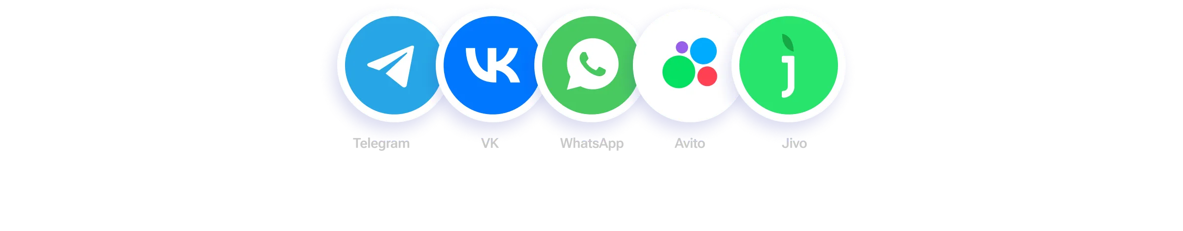 5 логотипов компаний: Telegram, VK, WhatsApp, Avito, Jivo